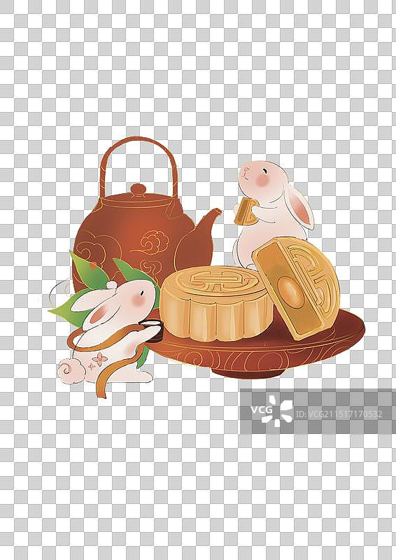 中秋插画月兔月饼茗茶图片素材