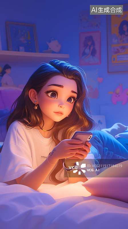 【AI数字艺术】一个女生在床上玩手机图片素材