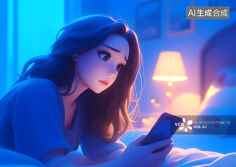 【AI数字艺术】一个女生在床上玩手机图片素材