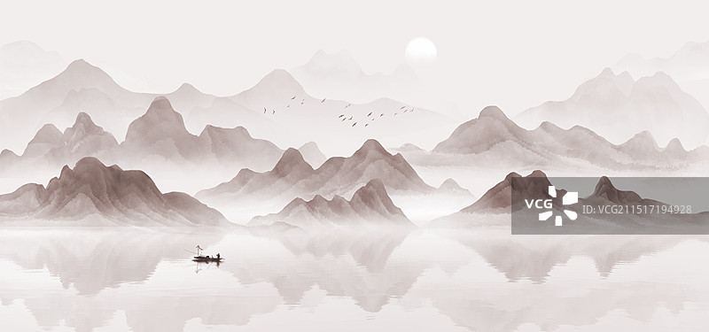 蓝色山水画背景插画图片素材