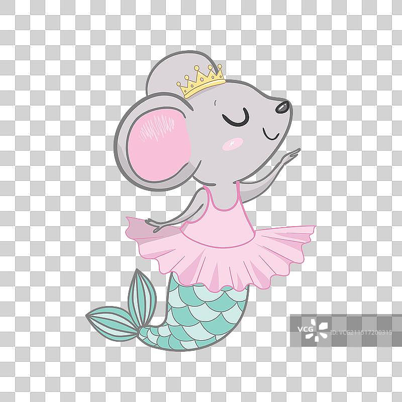 卡通扁平风格的可爱美人鱼小灰鼠图片素材