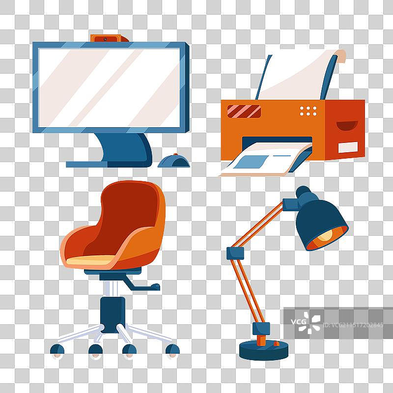 电脑椅、台灯、打印机和显示器图片素材