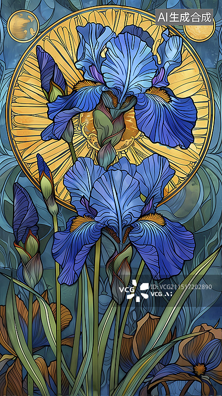 【AI数字艺术】复古彩色鸢尾花植物图案插画海报背景图片素材