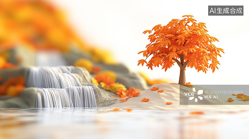 【AI数字艺术】秋天晴山丘上的金黄色枫树瀑布3D立体插画图片素材