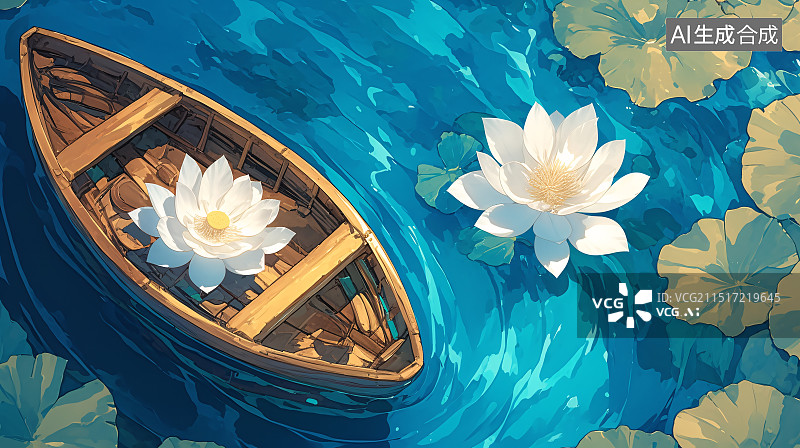 【AI数字艺术】湖面上的小船荷花插画图片素材