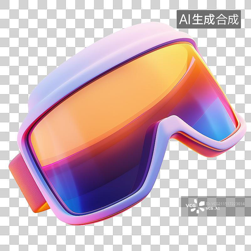 【AI数字艺术】卡通VR眼镜3D渲染虚拟现实未来科技，带反光的滑雪或滑雪板护目镜元素图片素材