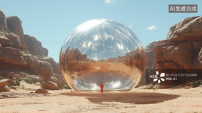 【AI数字艺术】一个人注视着荒漠中的巨大圆球图片素材