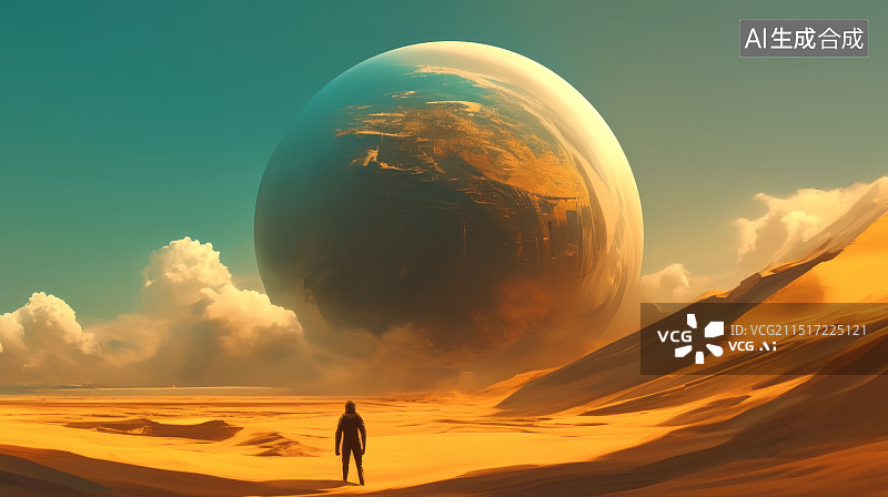 【AI数字艺术】沙漠上一个人遥望远处的巨大星球图片素材