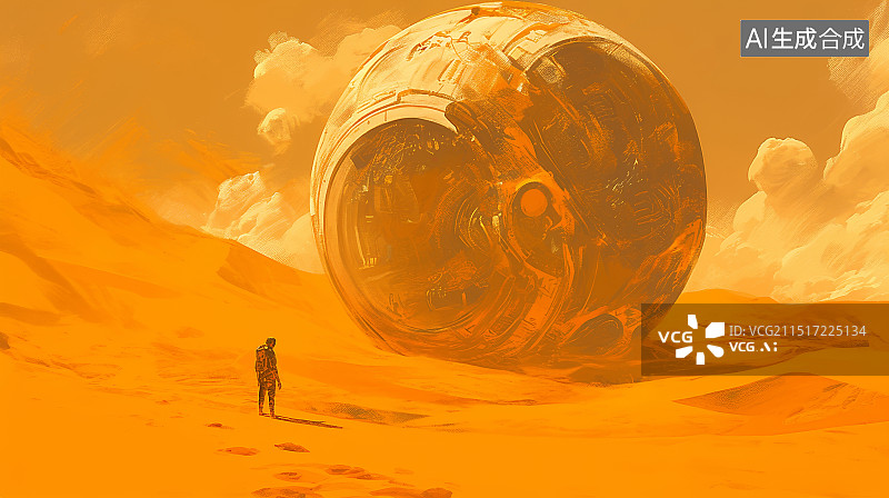【AI数字艺术】沙漠上一个巨大的球体和一个渺小的人影图片素材