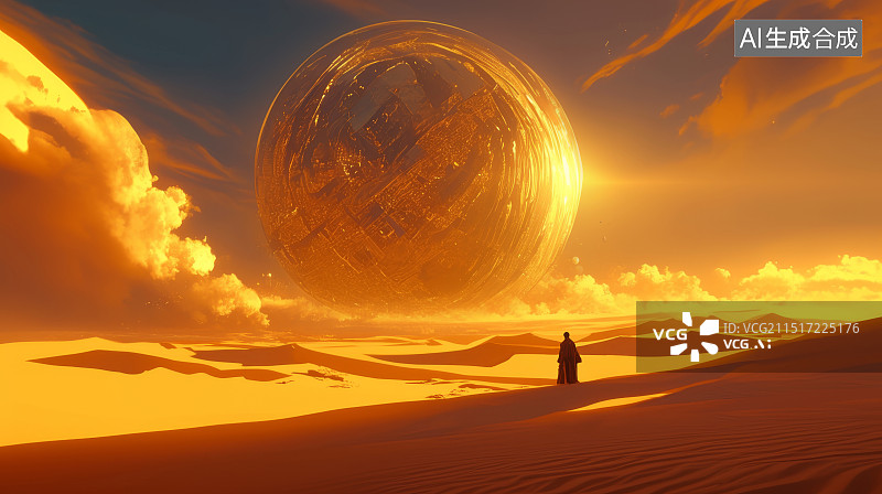 【AI数字艺术】夕阳西下的沙漠上一个人遥望远处的巨大球体图片素材