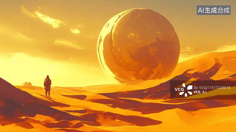 【AI数字艺术】落日余晖沙漠中一个人注视着一个巨大的球体图片素材
