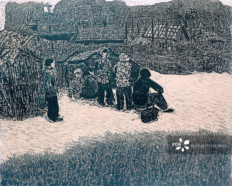 套色版画《进城》图片素材