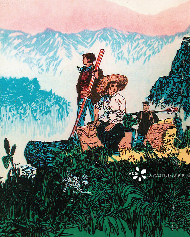 套色版画《勘察队员》图片素材