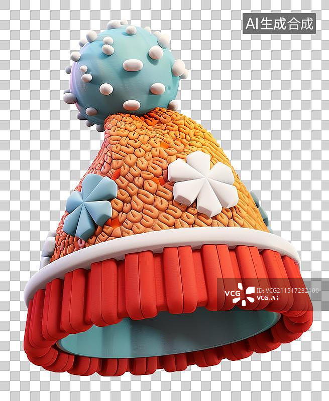 【AI数字艺术】3D渲染卡通圣诞帽元素，红色创意编织毛线圣诞帽元素图片素材