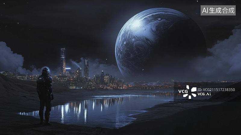 【AI数字艺术】人在沙漠中注视着巨大的球体科幻场景插画图片素材