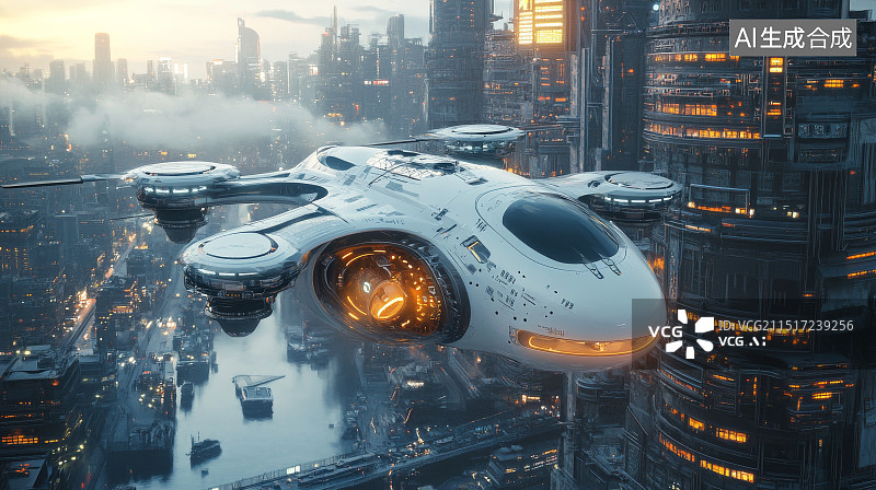 【AI数字艺术】未来载人飞行器在科幻城市上空中起飞科幻场景插画图片素材