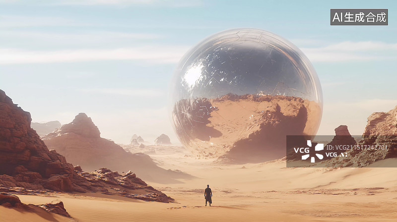 【AI数字艺术】一个人在沙漠中注视着巨大的球体图片素材