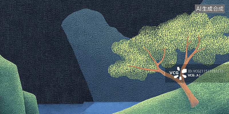 【AI数字艺术】抽象壁纸远山植物，天空，蓝色系治愈肌理插画图片素材