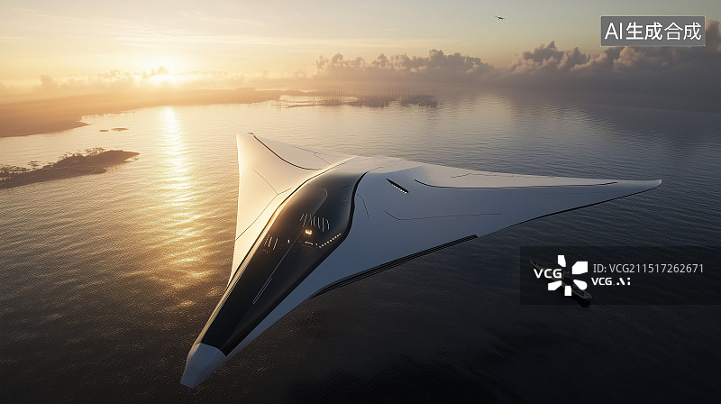 【AI数字艺术】在日落时分起飞的未来喷气式飞行器图片素材