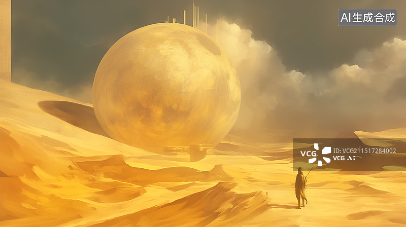 【AI数字艺术】一人在沙漠中注视巨大浅色球体建筑科幻3D概念原画厚涂橙色色调超现实游戏图片素材