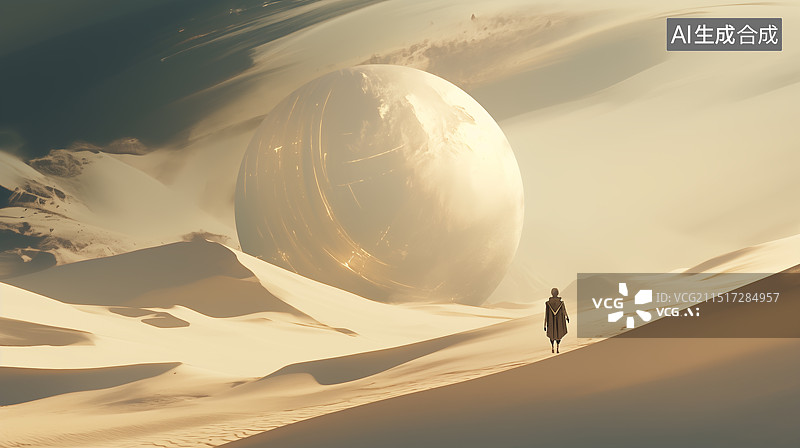 【AI数字艺术】一人在沙漠中注视中部巨型浅色球体建筑科幻3D概念原画厚涂单色调超现实游戏图片素材