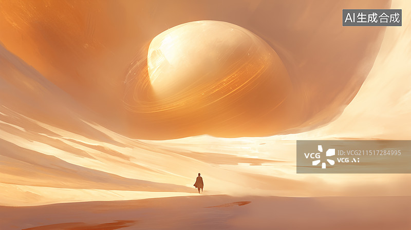 【AI数字艺术】一人在沙漠中注视中部巨型浅色球体建筑科幻3D概念原画厚涂单色调超现实游戏图片素材