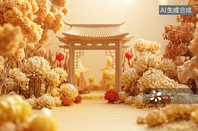 【AI数字艺术】秋季花园中的传统大门图片素材