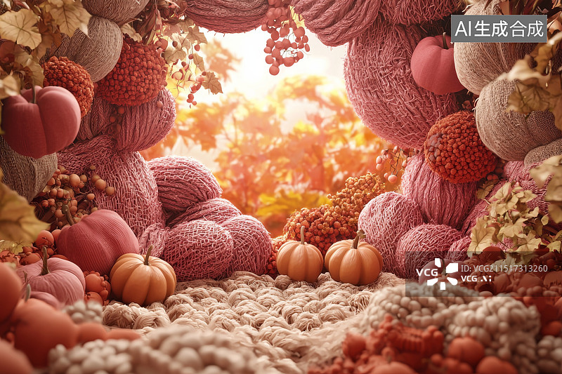 【AI数字艺术】秋季丰收主题的南瓜与针织物布景图片素材