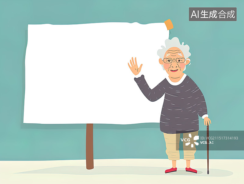 【AI数字艺术】拄着拐杖的老年人和一张空白的宣传栏图片素材