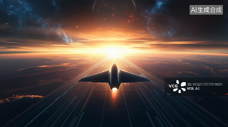 【AI数字艺术】科幻风格原画设计——一架未来感喷气式飞行器从空天母舰的跑道上起飞图片素材