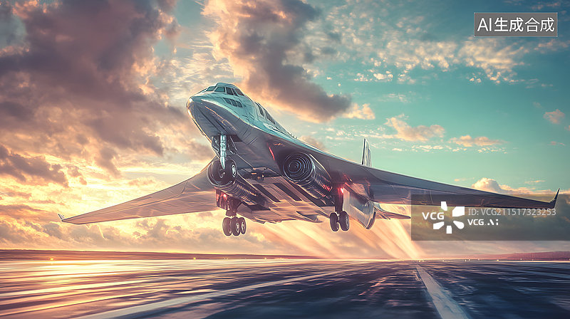 【AI数字艺术】未来飞行器飞机起飞瞬间空旷跑道图片素材
