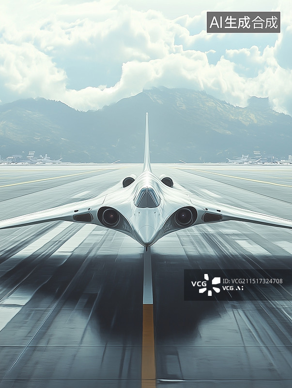 【AI数字艺术】飞机正视角，未来科技系列，飞机起飞时和在空中的创意插画，科幻无人机，商用飞机准备在跑道上降落，竖版图片素材