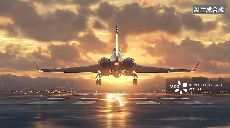 【AI数字艺术】飞机正视角，未来科技系列，飞机起飞时和在空中的创意插画，科幻无人机，商用飞机准备在跑道上降落，横版图片素材