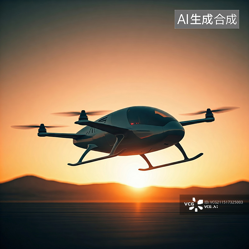 【AI数字艺术】日落时分，正在起飞的飞行棋，科幻风格图片素材