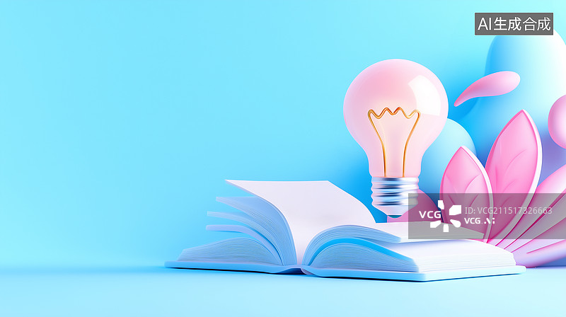 【AI数字艺术】3D打开的书和灯泡创意插画图片素材