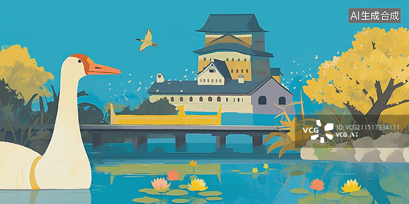 【AI数字艺术】美丽的天鹅在水中，远处是建筑，植物，天空扁平插画图片素材