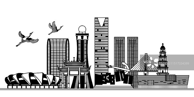 湖北宜昌城市建筑线条插画图片素材