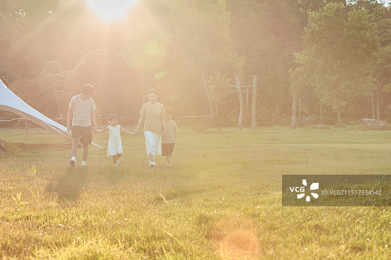 夕阳逆光下的一家四口图片素材