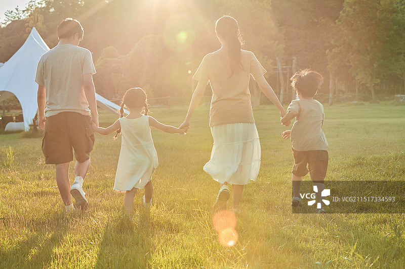 夕阳逆光下的一家四口图片素材