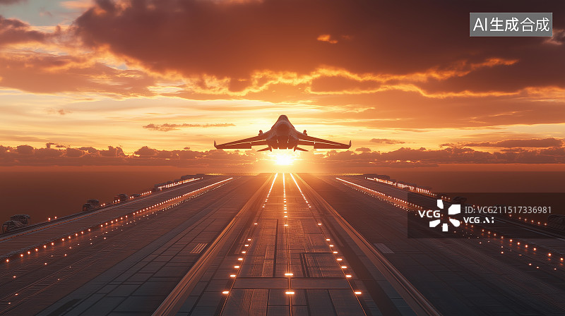 【AI数字艺术】科幻风格原画设计——一架未来感喷气式飞行器从空天母舰的跑道上起飞图片素材