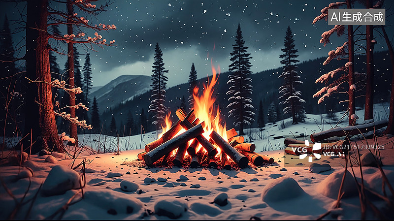 【AI数字艺术】冬日森林中的篝火图片素材