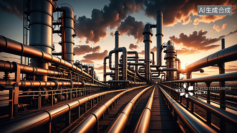 【AI数字艺术】工业管道与夕阳图片素材