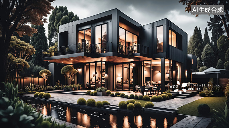 【AI数字艺术】现代豪华别墅夜景图图片素材