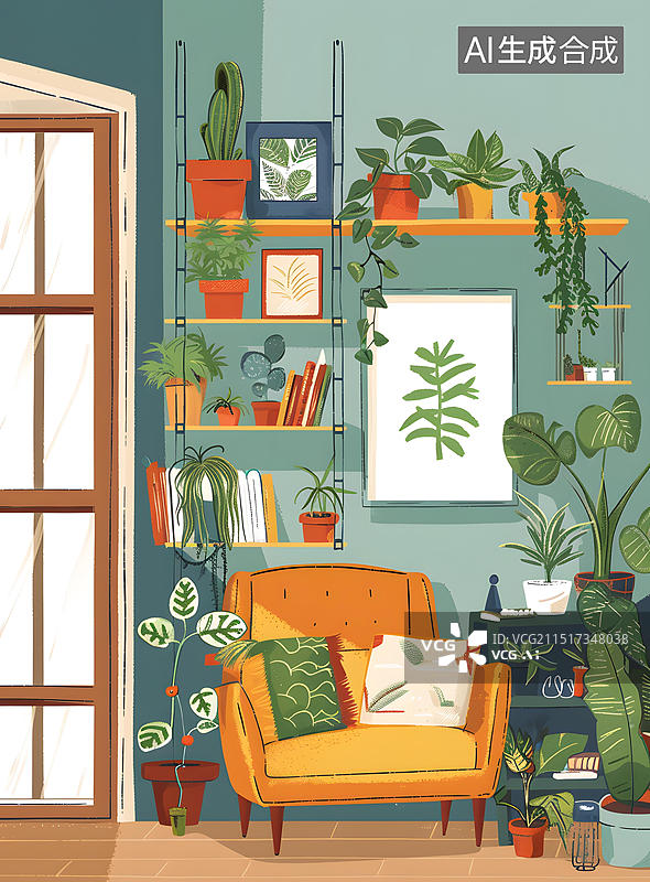 【AI数字艺术】充满生机的客厅角落，舒适的扶手椅图片素材