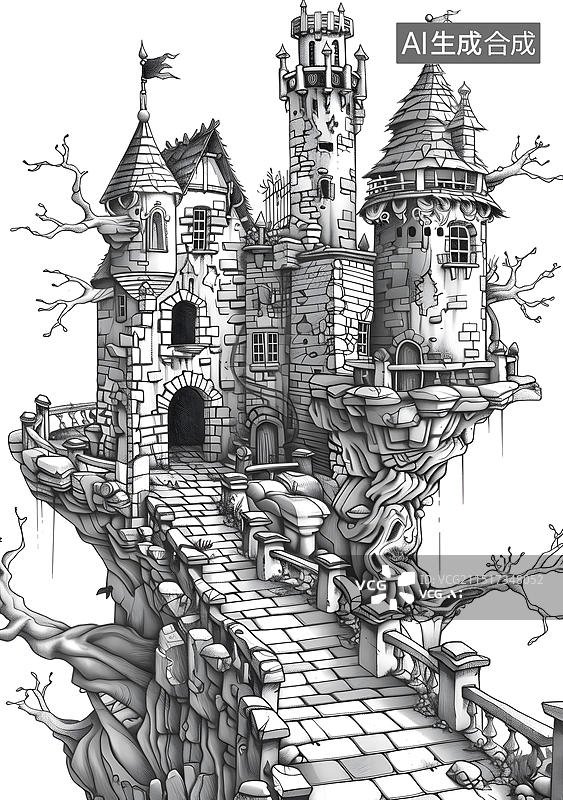 【AI数字艺术】悬崖上的梦幻城堡铅笔手绘插画图片素材