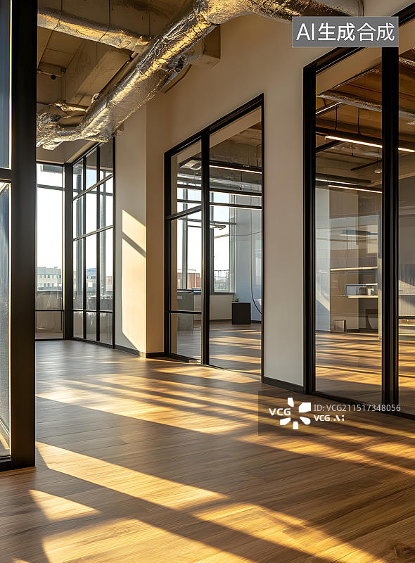 【AI数字艺术】现代办公室室内设计玻璃墙阳光图片素材