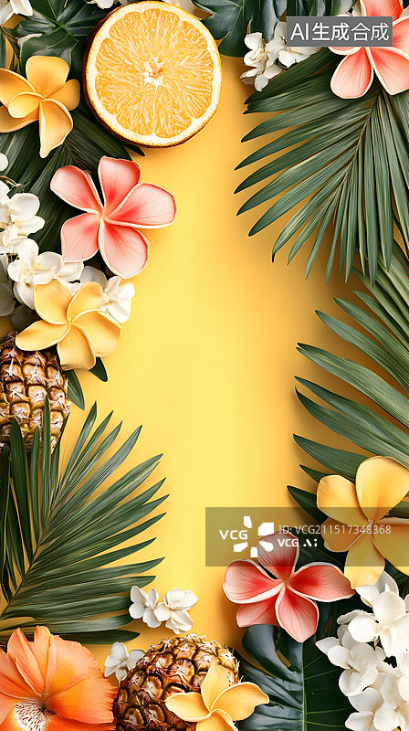 【AI数字艺术】热带水果和花卉在黄色背景上图片素材