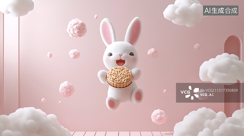 【AI数字艺术】一只可爱的兔子抱着月饼飞奔，背景是粉色图片素材