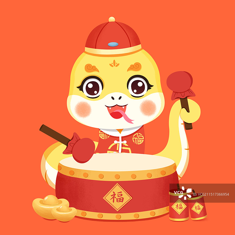2025蛇年巳蛇卡通形象设计打鼓插画图片素材