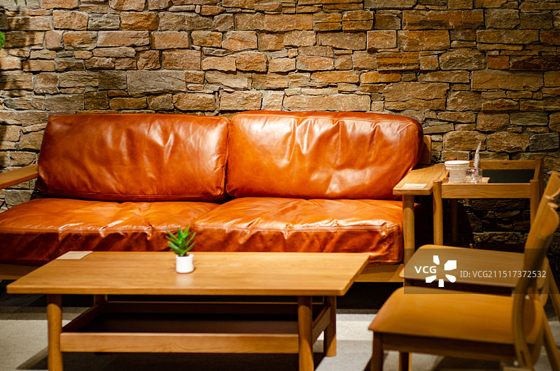室内空间，皮沙发和木桌椅图片素材